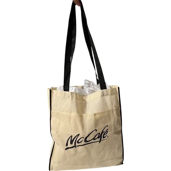 McDonalds McCafe Tote Bag Black Trim Reusable Shopper Beige - Picture 3 of 8
